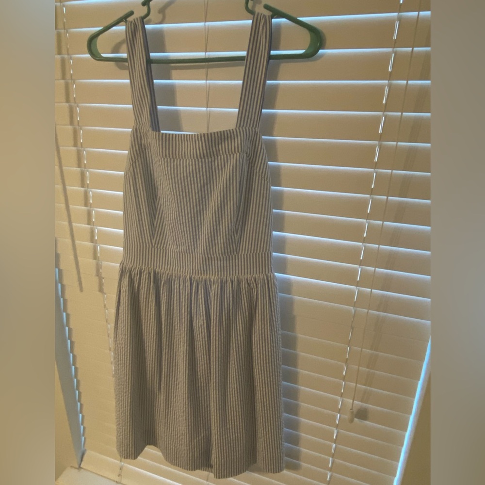 JCrew blue and white pinstripe open back tie dress